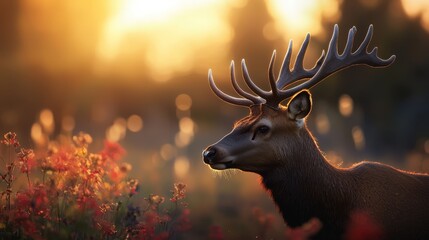 Wall Mural -  A tight shot of a deer adorned with antlers amidst a field of wildflowers