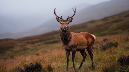 Wall Mural -  A tight shot of a deer in a field of grass Mountains loom in the distance as the background