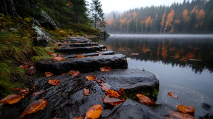 Canvas Print -  A row of stepping stones sits atop a river, bordering a forest teeming with numerous leaf-covered trees