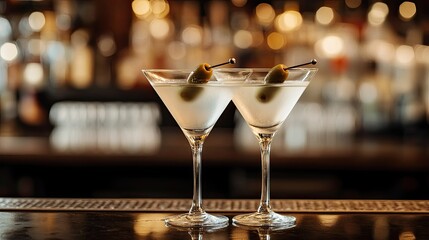 Two elegant martini glasses filled with clear martinis, garnished with olives, on a sleek, modern counter with soft lighting