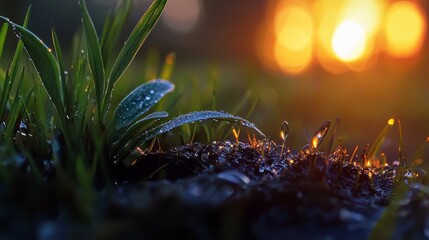 Wall Mural -  A tight shot of dewed grass beneath the sun, background softly blurred