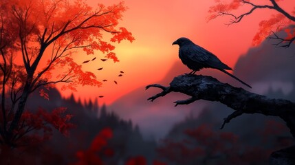 Wall Mural -  A black bird perched on a tree branch against a backdrop of a red, orange, and yellow sunset in the forest