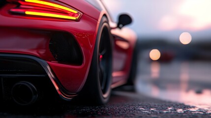 Wall Mural -  A tight shot of a red sports car's back end on a slick road, background softly blurred