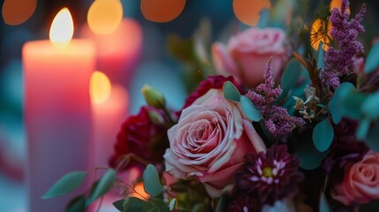 Canvas Print -  A tight shot of a bouquet of flowers, with a lit candle in the background and one in the foreground