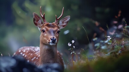 Wall Mural -  A tight shot of a deer, its antlers adorned the top of its head, alongside flowers in the foreground