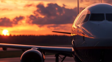 Wall Mural -  A large jetliner rests on an airport tarmac as the sun sets in the sky behind it