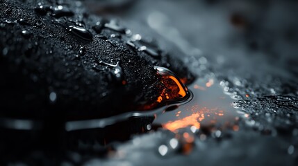 Wall Mural -  A tight shot of a black backdrop bearing water droplets and a scarlet mark in its center