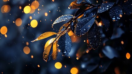 Poster -  A tree branch in sharp focus with raindrops, blurred background of twinkling lights