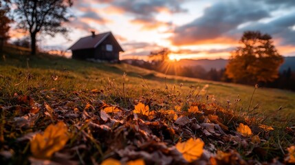 Wall Mural -  The sun sets over a field, leaves scattered below, a house on the hill in the background