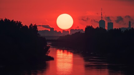 Wall Mural -  The sun sets over a body of water, with trees in the foreground and a city in the background