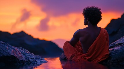 Sticker -  A man sits atop a rock, overlooking a tranquil body of water as the sun sets behind him