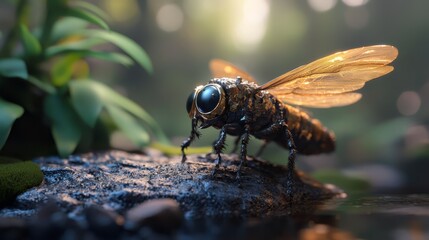  A detailed shot of a fly perched on a rock, beside a body of water teeming with plants and stones in the backdrop