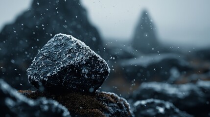 Wall Mural -  A rock perches atop a snow-piled mound, nestled beside a forest teeming with numerous snow-cloaked trees