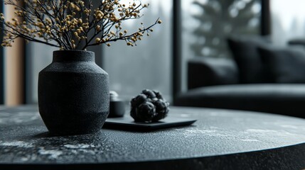 Sticker -  A black table holds a vase with flowers, while a black couch lies in the background