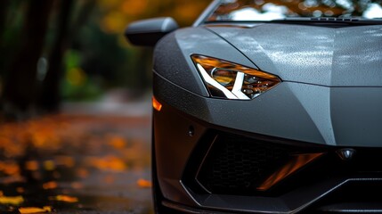 Wall Mural -  A tight shot of a sports car parked by the roadside Surrounding foliage includes falling leaves and trees in the backdrop