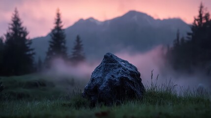 Wall Mural -  A sizable rock sits in the heart of a verdant meadow, borders adjoined by a towering pine forest