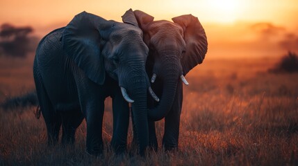 Wall Mural -  Two elephants together on a verdant field as sun sets