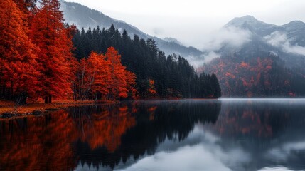 Wall Mural - A body of water is encircled by a woods teeming with autumn-hued trees and enshrouded by fog, with low-lying clouds