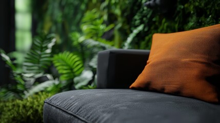 Canvas Print -  A couch facing a green wall of plants, featuring an orange pillow on its side