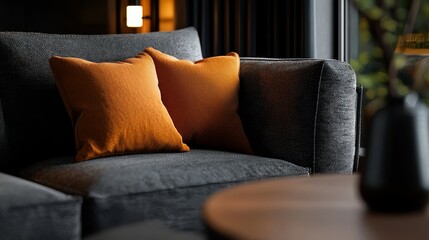 Poster -  A gray couch with two orange pillows and a table featuring a vase