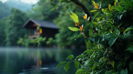 Wall Mural -  A house atop a verdant hill overlooking water, crowned by a solitary tree