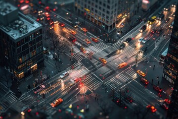 an aerial view of a city street at night