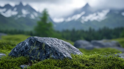 Canvas Print -  A rock atop a verdant meadow, adjoining a forest, with snow-capped mountains in the distance