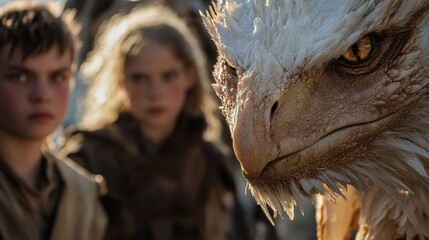 Canvas Print -  A young boy and a young girl gaze at a creature in The Last Airbender film scene