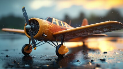 Wall Mural -  A small toy airplane sits atop a damp ground, beside a pool of water on the similarly moist surface