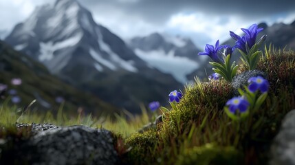 Canvas Print -  A group of blue flowers sits atop a lush, green hillside, adjacent to a snow-covered mountain cloaked in clouds