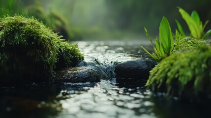 Canvas Print -  A streaming river weaves through a verdant forest, teeming with abundant green foliage and rocks punctuating its middle