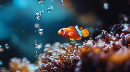  A tight shot of a clownfish near coral, surrounded by rising bubbles at the image's base