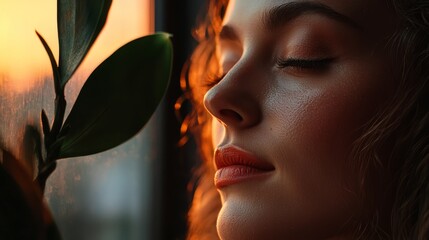 Poster -  A women with closed eyes, face-to-face with a plant, sun illuminating through the window behind