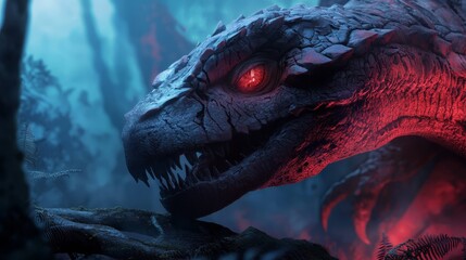  A tight shot of a dinosaur's face in a forest, emitting a scarlet beam from its maw