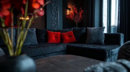 Poster -  A livable space featuring a plush couch, a functional coffee table, and a vibrant vase filled with red blossoms