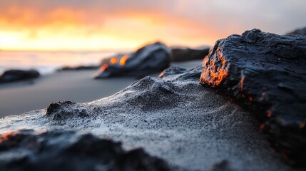 Canvas Print -  A tight shot of a rock by a water body, with a sunset backdrop and clouds above