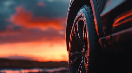 Wall Mural -  A car parked by the side of the road as the sun sets, casting long shadows, with clouds in the sky above