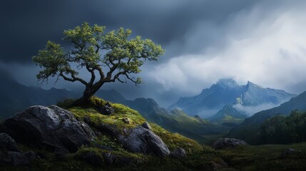 Wall Mural -  A tree atop a hill against mountain backdrop, darkened by ominous skies' clouds