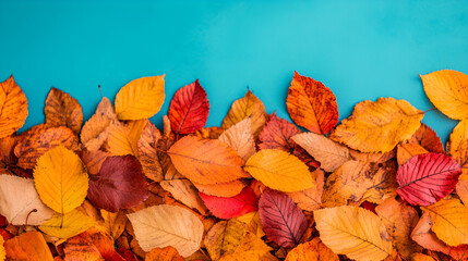 Wall Mural - Autumn Leaves Border on Blue Background - Perfect for Fall Greetings and Designs