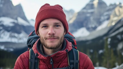 A man in a red jacket stands in a snowy mountainous terrain, symbolizing adventure, resilience, and the beauty of winter nature's landscapes.