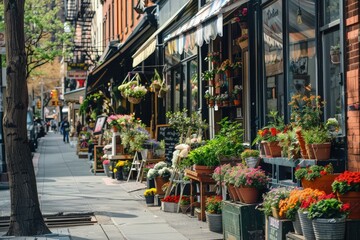 a row of flower shops on a city street