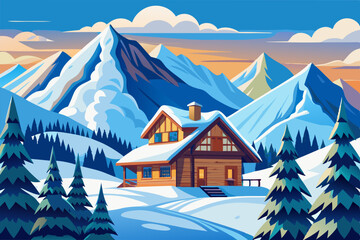 Mountain village in winter with a picture of a house and trees