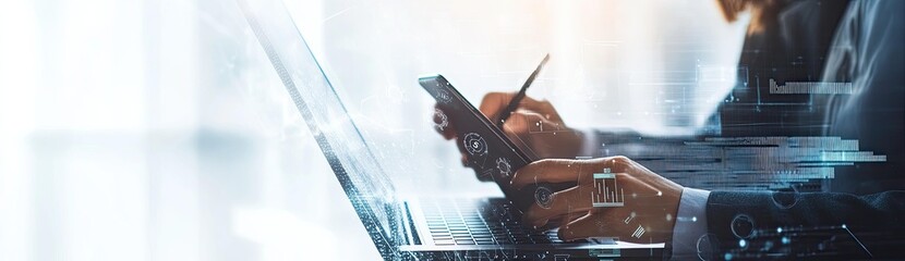 Person working on laptop with digital overlay.