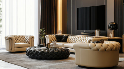 High-quality leather furniture in a modern living room setting, highlighting luxury