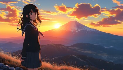 Wall Mural - Under the sunset, the girl in school uniform and the beautiful scenery of Mount Fuji