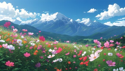 Wall Mural - Colorful flowers bloom on the grassland in spring, and in the distance are magnificent snowy mountains and blue skies and white clouds.