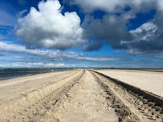 Wall Mural - Sandormen tractor tire tracks on the sand on the cape Grenen beach in Skagen, Denmark