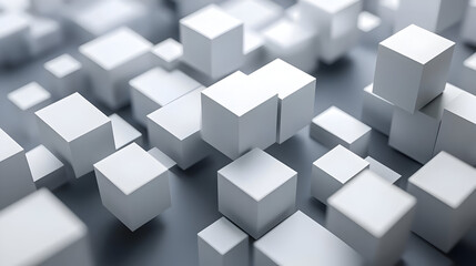 Poster - A collection of white cubes scattered across a surface, creating a 3D abstract scene.