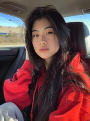 A young woman in a red hoodie with long black hair sits in the backseat of a car, looking directly at the camera, Suitable for use in lifestyle blogs, travel articles, youth fashion promotions