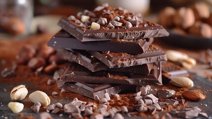 Chocolate nuts and dusted chocolate are piled high on a table